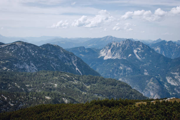 Wide panoramic beautiful view from the Dachstein on a sunny day. Austrian Alps. Viewpoint 5 Fingers