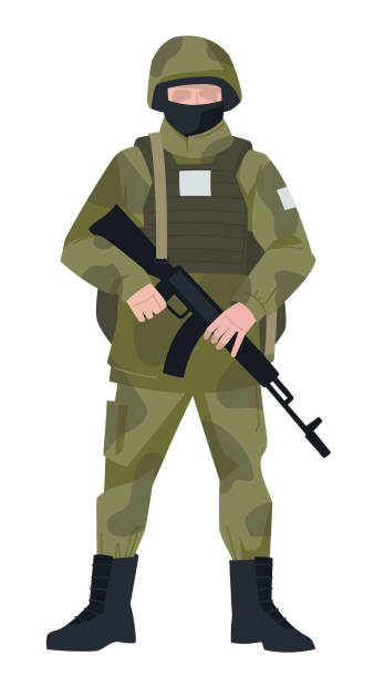 soldat in kampfausrüstung. ein mann in militäruniform mit einer waffe. - violence war gun camouflage stock-grafiken, -clipart, -cartoons und -symbole