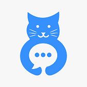 istock Cat Chat Logo Negative Space Concept Vector Template. Cat Holding Chat Symbol 1435512808