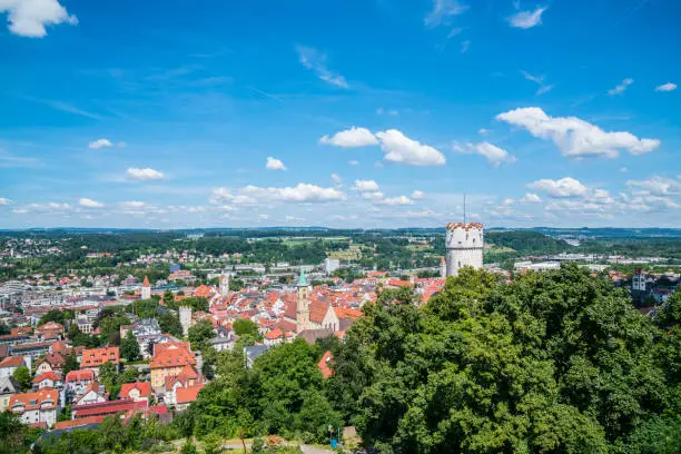 Germany, Panorama view ravensburg city skyline beautiful village in summer blue sky sun above roofs buildings and tower