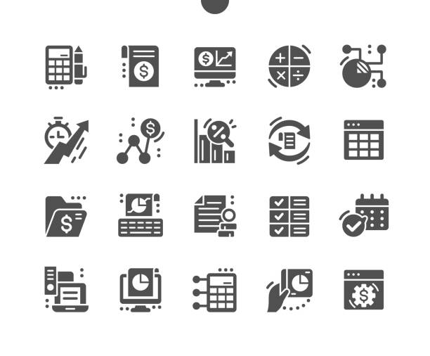 ilustrações de stock, clip art, desenhos animados e ícones de digital accounting. search for profit. deadline, charts and budget. investment, statistics, business, growth and economy. vector solid icons. simple pictogram - business data spreadsheet chart