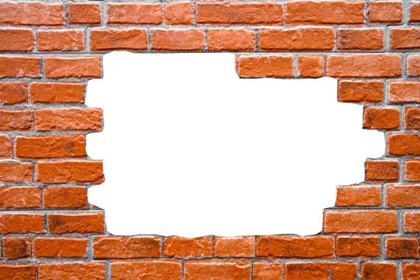 istock Brick wall with white hole, antique old grunge brown red texture background. 1435517268