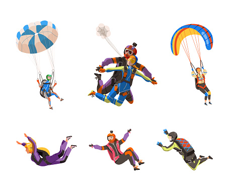 People Parachutist Streamer Free-falling in the Air with Parachute Bag Vector Illustration Set. Man and Woman Engaged in Skydiving as Extreme Sport and Recreational Activity