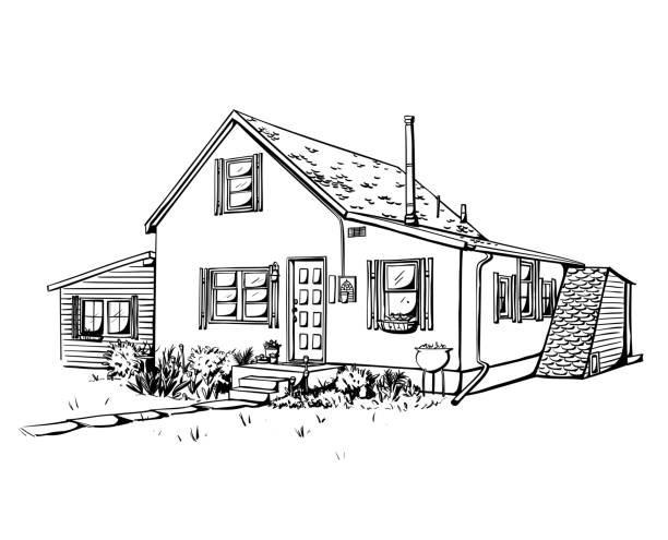 Little House On The Road Ink Hand drawn illustration of a heritage house, for rental or for sale. Housing market and real estate imagery monochrome house stock illustrations