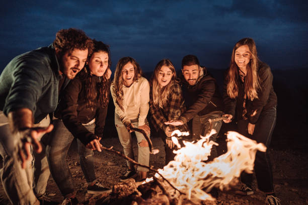 friends in front of the campfire all together stock photo