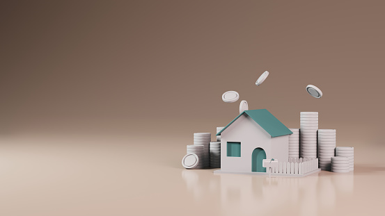 3d concept for the design of mortgage lending, renting a house, buying and selling real estate. 3d model of a country house with a fence and coins around it. Free space for text.