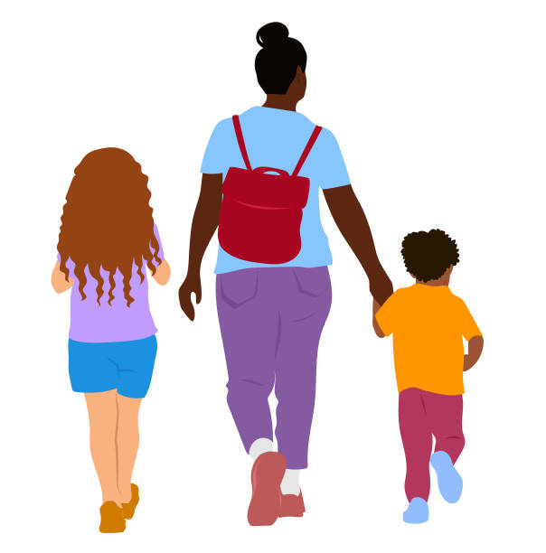 Back To School Mom And Kids Red Backpack caregiver walking the children to school in the morning in this flat design illustration children holding hands icon stock illustrations