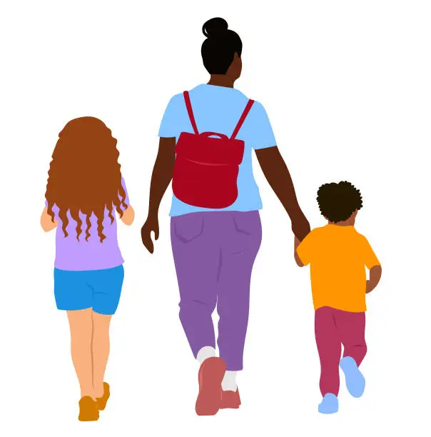 Vector illustration of Back To School Mom And Kids Red Backpack