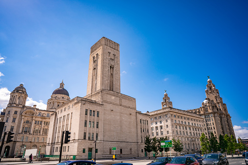 Liverpool the Strand St with buildigs as Royal Liver, and Cunard building in England UK United Kingdom