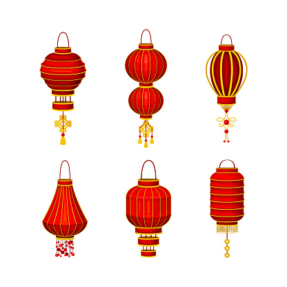 Red Chineese lanters set. Traditional Asian paper lanterns cartoon vector illustration isolated on white