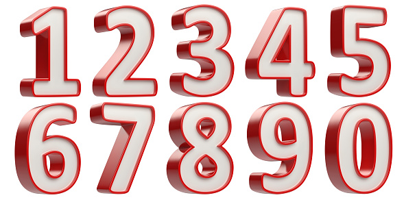 Set of 3D plastic numbers with red frame, isolated on white background