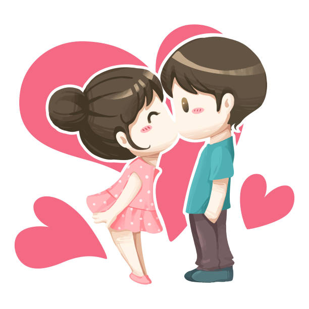 Cute Couple Kissing Cartoon Stock Illustration - Download Image Now - Couple  - Relationship, Graphic Print, Happiness - iStock