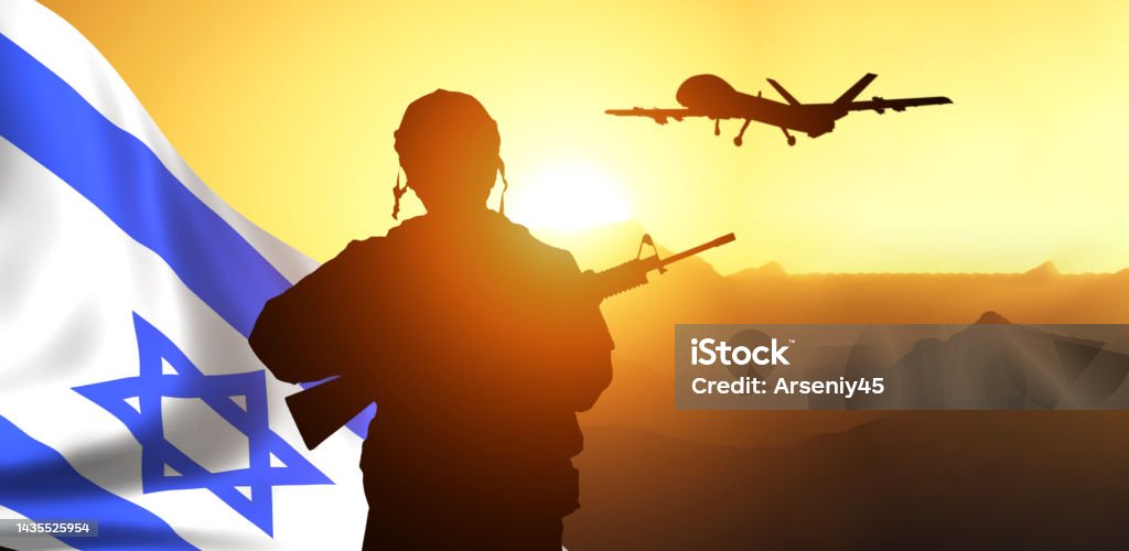 Silhouette of Soldier in sky background . Flag of Israel. National holiday . Freedom Stock Photo