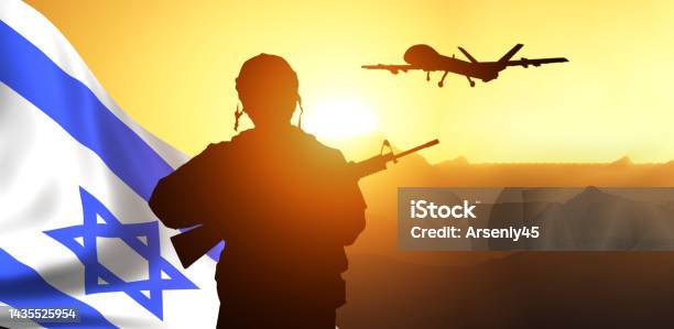 Silhouette Of Soldier In Sky Background Flag Of Israel National Holiday Stock Photo - Download Image Now