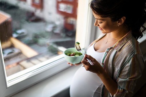 Young pregnant woman in apartment looking through window