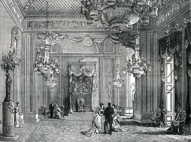 Buckingham palace throne room London19th Century illustration Showing the throne room of Buckingham Palace with picture of the throne.People chatting in foreground buckingham palace stock illustrations