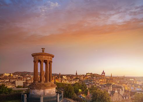 Edinburgh at sunset aerial skyline from Calton Hill capital city of Scotland UK United Kingdom