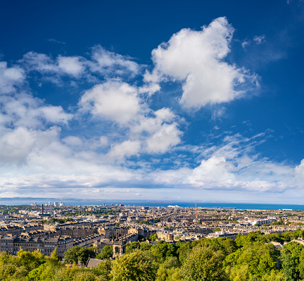 Edinburgh aerial skyline from Calton Hill with Northern sea views. Edinburgh is the capital city of Scotland UK United Kingdom