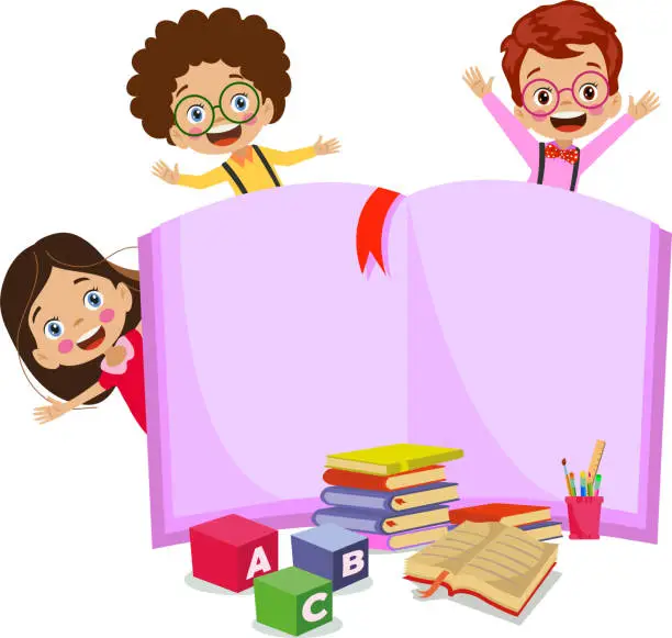 Vector illustration of cute happy students reading books