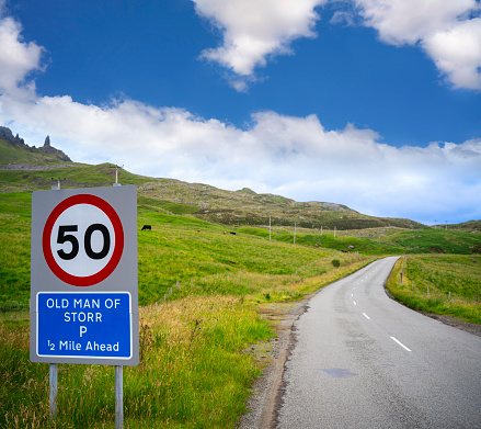 Skye island Old Man of Storr traffic sign in Portree Highlands Scotland UK in United Kingdom