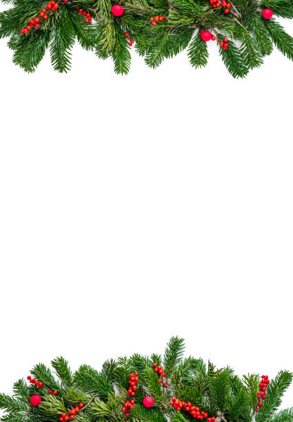istock Christmas fir tree and holly berries border frame isolated on white copy space 1435535170