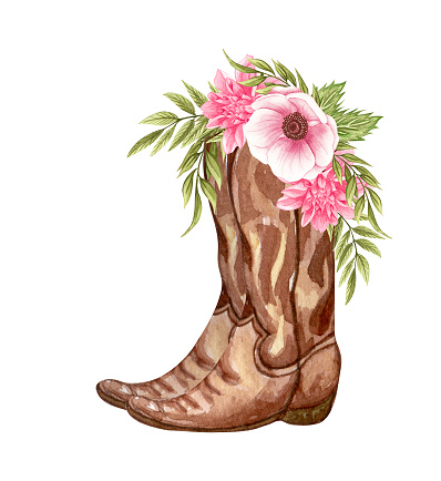 Watercolor Flowers in boots. Cowboy boots and flowers. Farmhouse rustic clipart isolated on white background. Western Illustartion