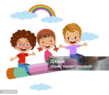 istock cute kids flying in the sky with pencil 1435536401