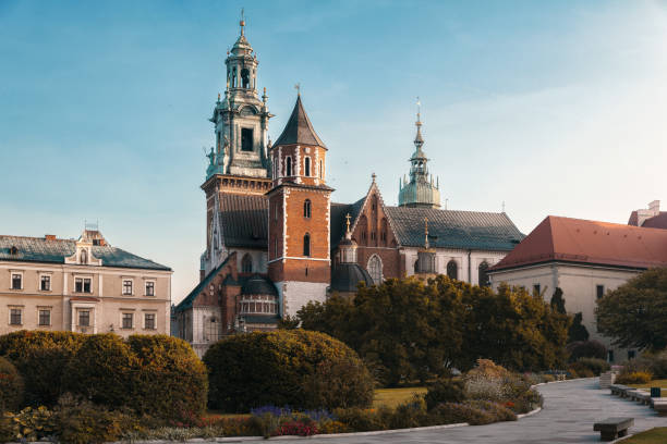 Sunrise viev of Basilica of St Stanislaw and Vaclav or Wawel Cathedral on Wawel Hill in Krakow, Poland stock photo
