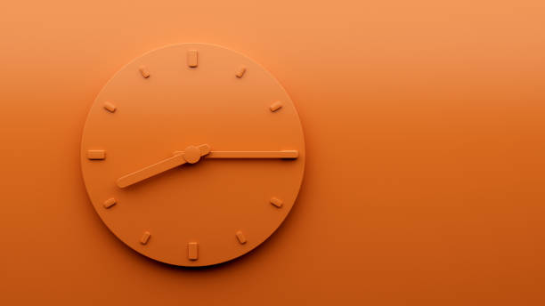 istock Minimal Orange clock 8:15 quarter past Eight o'clock abstract Minimalist wall clock Nine fifteen 3d Illustration 1435536904
