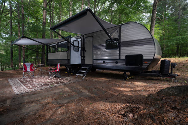 istock Camping trailer set up at a campsite 1435537804