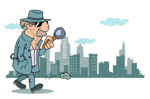 Vector illustration of city skyline and detective at work