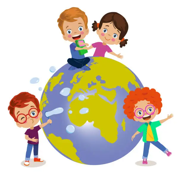 Vector illustration of earth and cute happy kids back to school