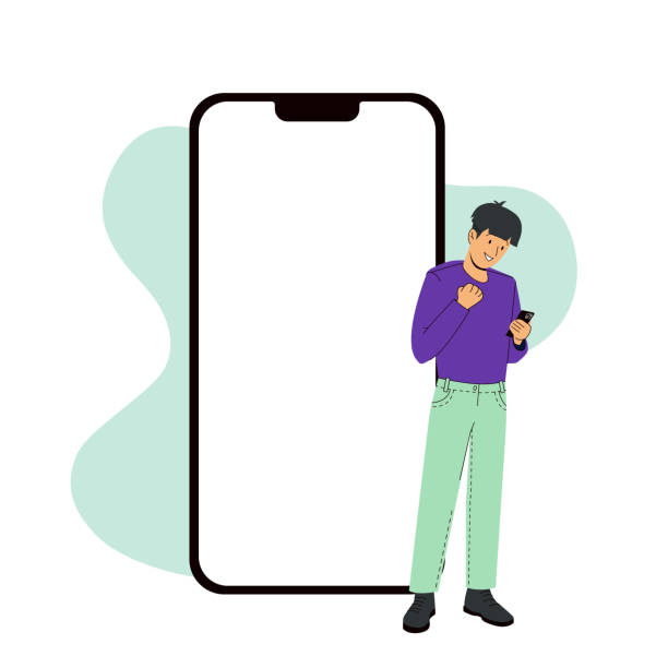 stockillustraties, clipart, cartoons en iconen met iphone 14 pro screen template next to a joyful man. vector modern - iphone mockup