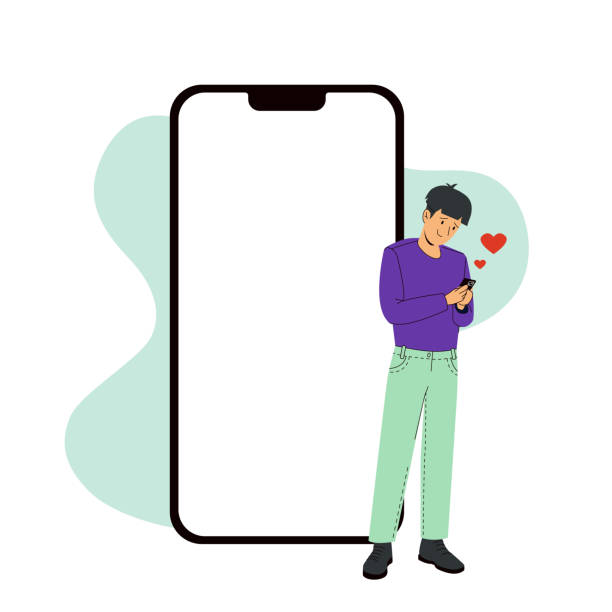 illustrations, cliparts, dessins animés et icônes de modèle d’écran iphone 14 pro à côté d’un homme amoureux. vecteur moderne - mockup iphone