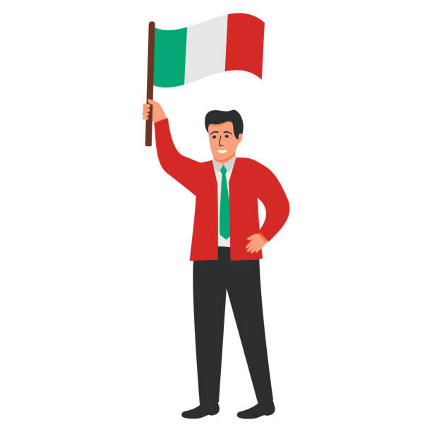 ilustrações, clipart, desenhos animados e ícones de itália bandeira acenando homem. mão de cara alegre segurando bandeira da itália. - child flag patriotism thumbs up