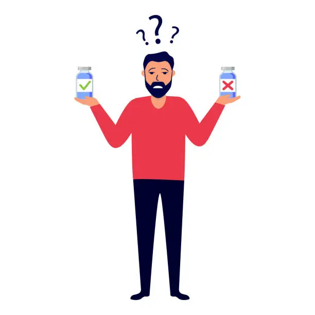 Vector illustration of Man choosing between two options.Man thinking about vaccine.Male character choosing between medicament.