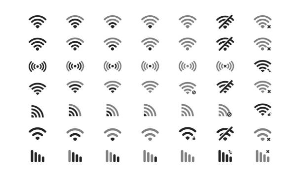 Wi fi icon set on white background. Internet network concept. No signal sign. Wireless internet acsess symbol. Wi fi icon set on white background. Internet network concept. No signal sign. Wireless internet acsess symbol. Vector illustration. no signal stock illustrations