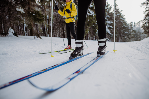 Low section and close-up of skiers doing croos country skiing in the middle of the forest.