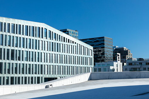 Views of the outside of the famous opera house building in Oslo, the capital city of Norway. Opened in 2008, it is home to the opera and ballet and is built of white marble and granite