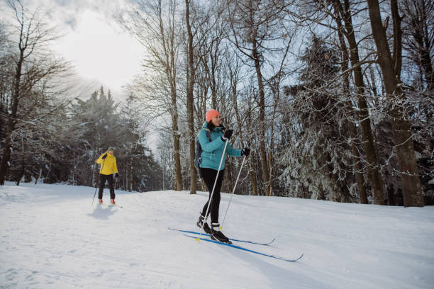 Senior couple skiing together in the middle of forest stock photo