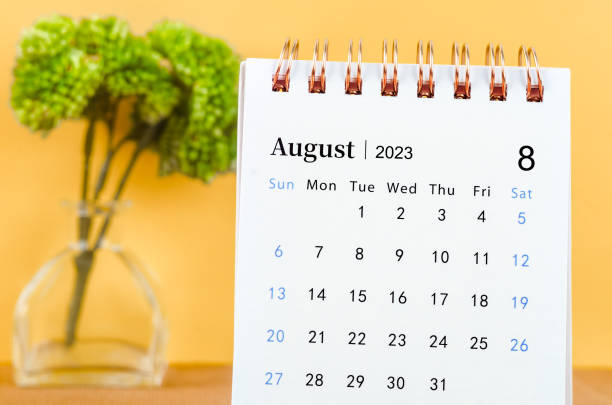 istock The August 2023 Desk calender on yellow background. 1435544094