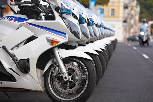 Long row of parked French Police motorcycles for Police attending a large public event in France