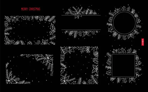 Vector illustration of black and white xmas christmas seasonal outline silhouette foliage branches flowers twigs border backgrounds  frames set, winter web banners, vector illustration design graphic
