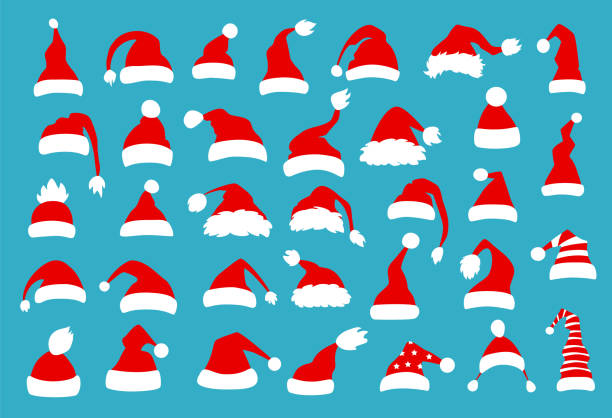 ilustraciones, imágenes clip art, dibujos animados e iconos de stock de conjunto de ilustración vectorial de sombreros de navidad - gorro de papá noel