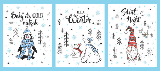 メリークリスマス、こんにちは冬、静かな夜の楽しいクリスマスタイムグリーティングカードは、かわいい漫画ペンギンホッキョクグマ、スノーフレークと星とノームと雪の森、スカンジナ� - christmas fun set gift点のイラスト素材／クリップアート素材／マンガ素材／アイコン素材