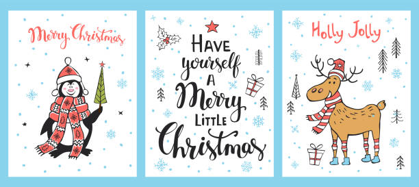 メリークリスマス、ヒイラギの陽気な、自分自身に陽気な小さなクリスマス楽しいクリスマスの時間グリーティングカードセットテンプレートかわいい漫画ペンギントナカイ、雪片と星と雪� - christmas fun set gift点のイラスト素材／クリップアート素材／マンガ素材／アイコン素材