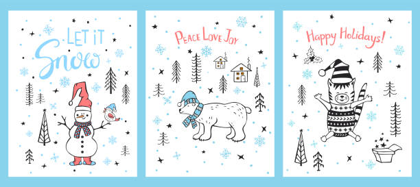 メリークリスマス、雪、平和愛の喜び、楽しいクリスマスタイムグリーティングカードセットテンプレートかわいい漫画の雪だるま、ホッキョクグマと猫、雪片と星、スカンジナビアスタイ� - christmas fun set gift点のイラスト素材／クリップアート素材／マンガ素材／アイコン素材