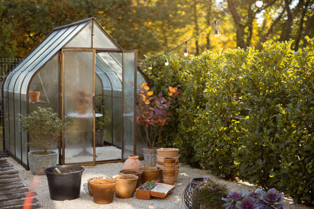 istock Garden with beautiful glass orangery 1435548432