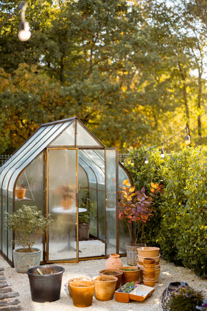 istock Garden with beautiful glass orangery 1435548597