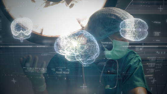 Futuristic biomedical concept of a doctor using advance holographic scanning a patient's brain neuron pathology and diagnostic scan